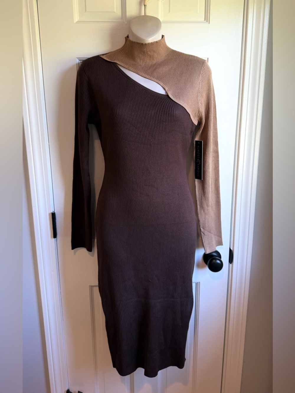 Almost Famous Two-Tone Brown and Tan Ribbed Cutout Midi Dress